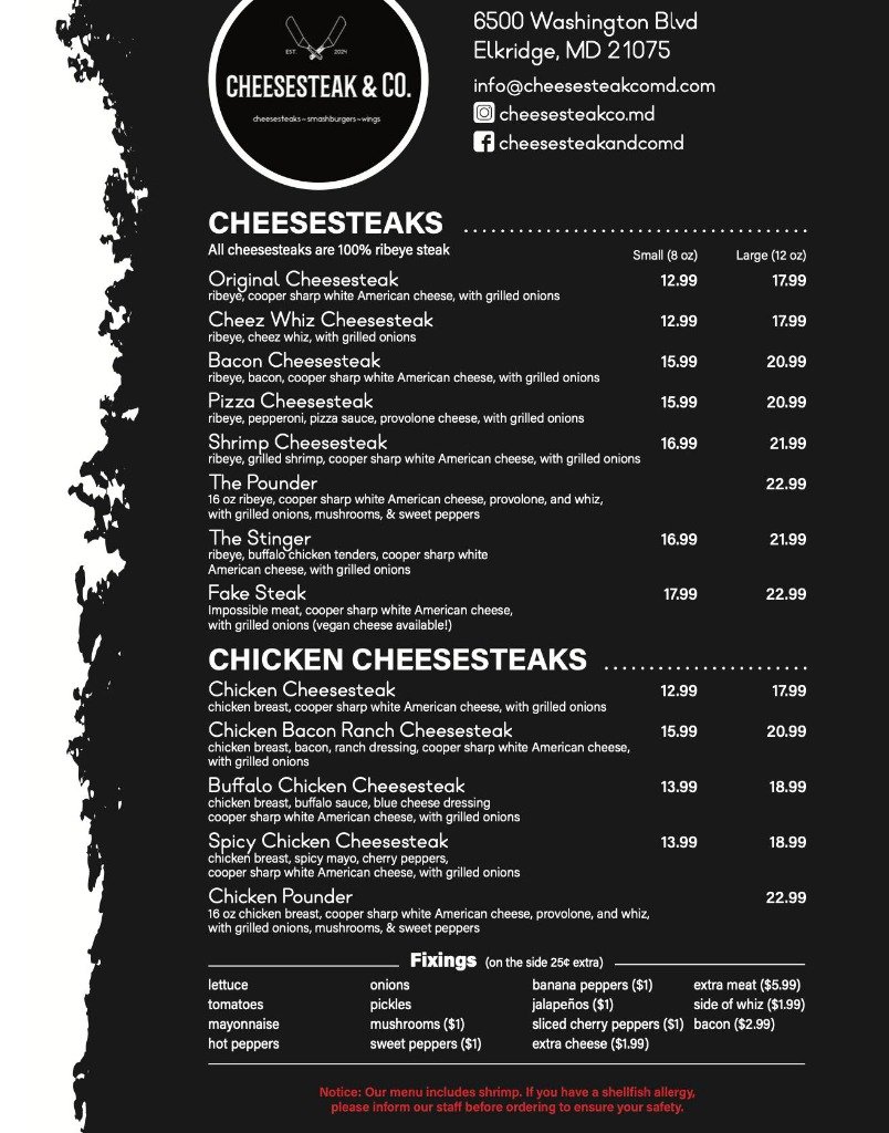 Cheesesteak & Co Menu Front 2026